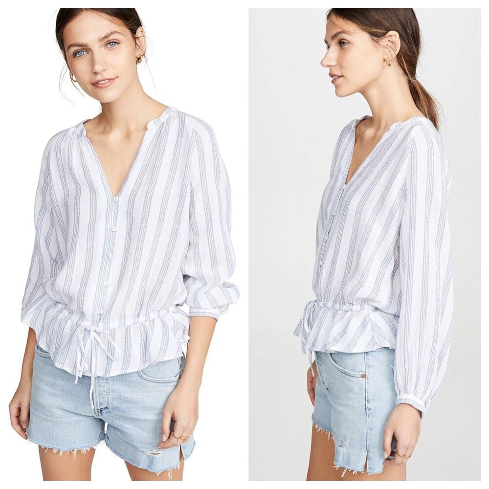 Rails Marti Cayman Stripe Blouse Lightweight Linen Button Up Tie Waist Size S